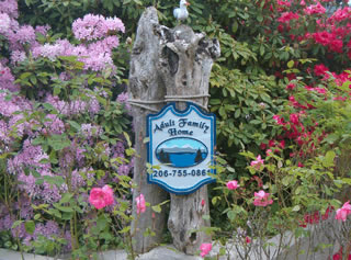 Wooden 'Welcome Sign' carved with Blue Ridge Adult Family Home, mountains, water and trees.